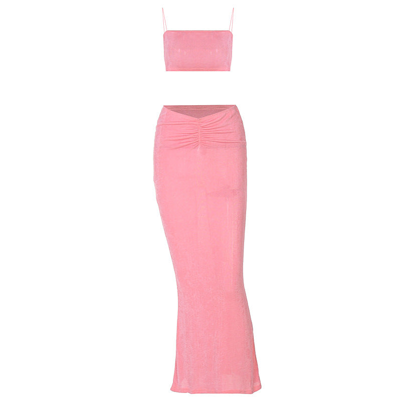 BARBIE Inspired Thin Strap Crop Top & Long V Skirt Set